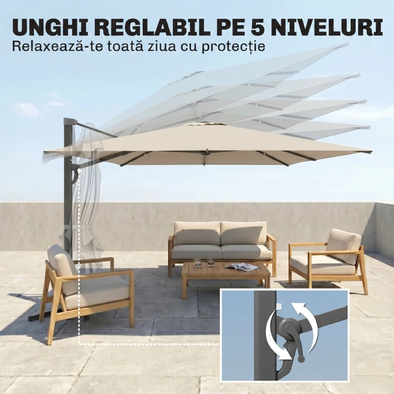 Outsunny Umbrelă Suspendată cu manivelă și bază în cruce, din poliester, aluminiu și metal, 365x297x256 cm, gri deschis