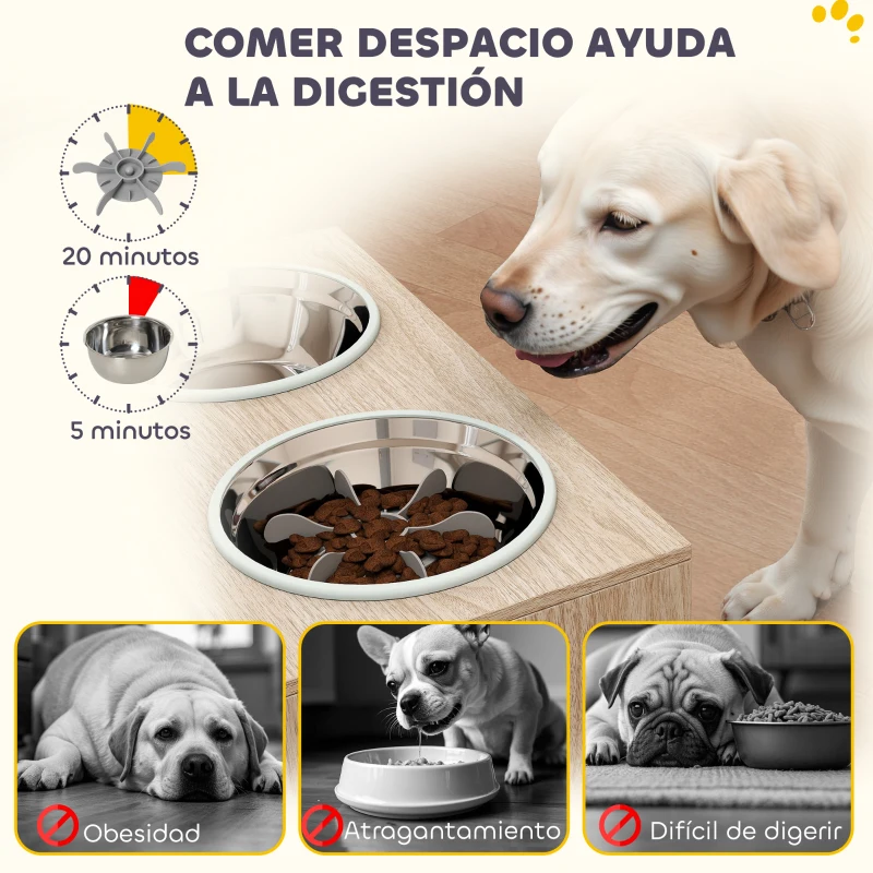 PawHut Comedero Perro Elevado con 2 Cuencos de Acero Inoxidable 2x2000 ml con Comedero Lento Almacenamiento Oculto Roble