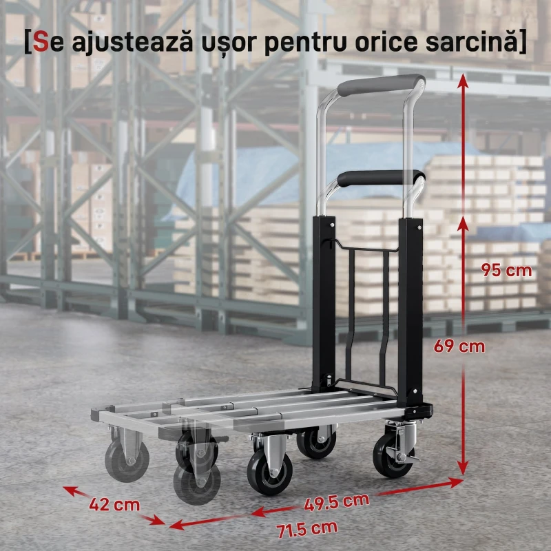 HOMCOM Cărucior pentru transport pliabil cu platformă extensibilă, capacitate 150 kg, mâner reglabil, argintiu