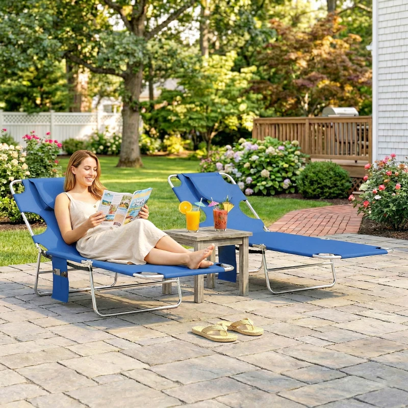 Outsunny 5-Position Adjustable Sun Loungers Set of 2 with Reading Hole and Side Pocket, Blue