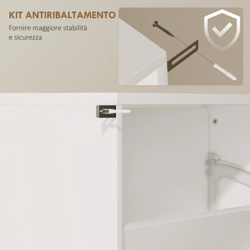 HOMCOM Scarpiera a Specchio a 4 Ante Antiribaltamento in Legno, 63x17x146 cm, Bianco