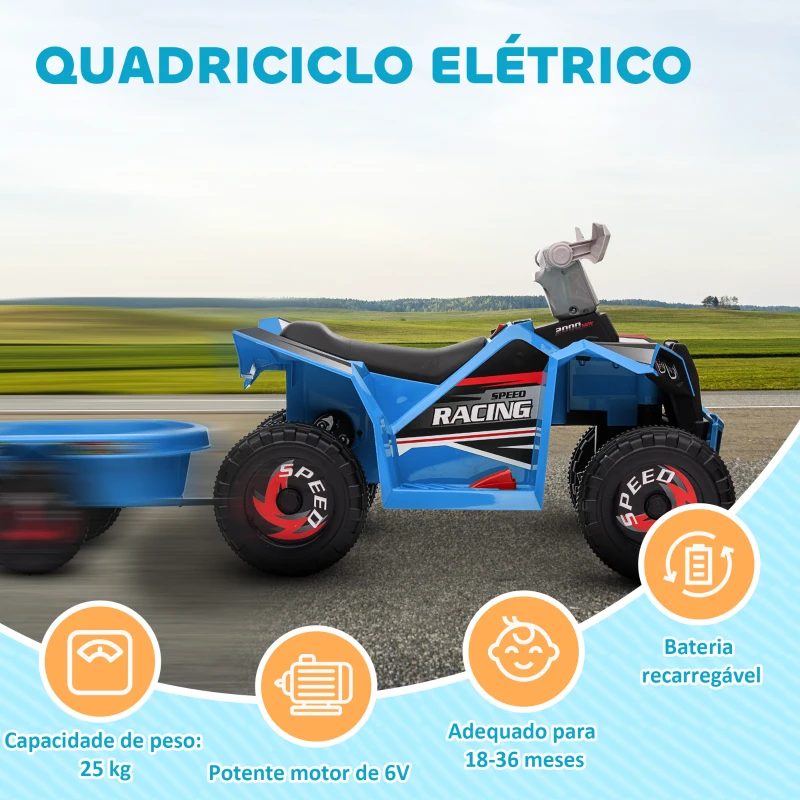 HOMCOM Quadriciclo Elétrico para Crianças com Reboque Bateria 6V de 18-36 Meses com Velocidade 2,5 km/h 106x41,5x48,5 cm Azul