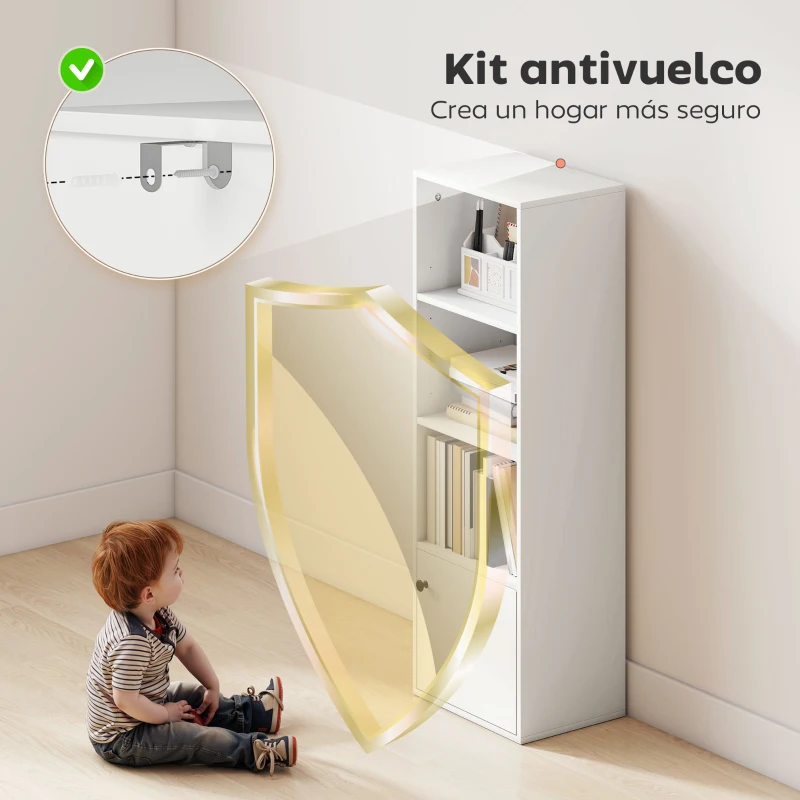 HOMCOM Librería de 4 Niveles Estantería para Libros Moderna con Estantes Abiertos y Puerta 40x30x120 cm Blanco