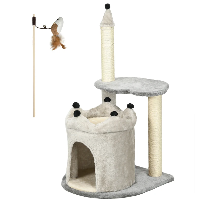 PawHut Albero Tiragraffi per Gatti con Casetta e Lettino, Rivestimento Peluche e Gioco, 48x48x86cm, Grigio