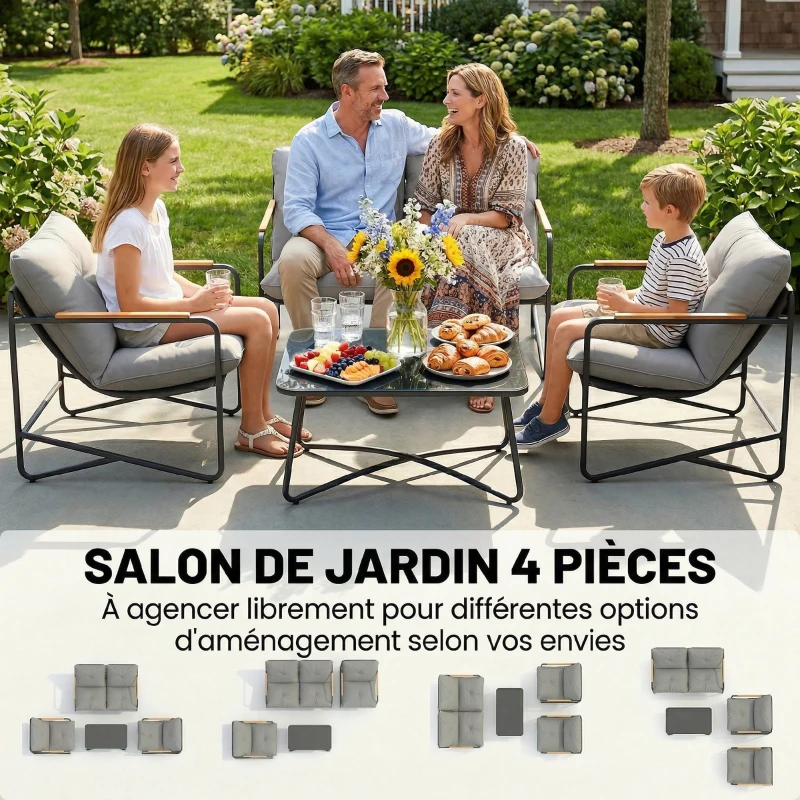 Outsunny Salon de Jardin 4 Pièces Ensemble avec Canapé 2 Places, 2 Fauteuils et Table Basse Verre Trempé Coussins 13cm Gris Clair
