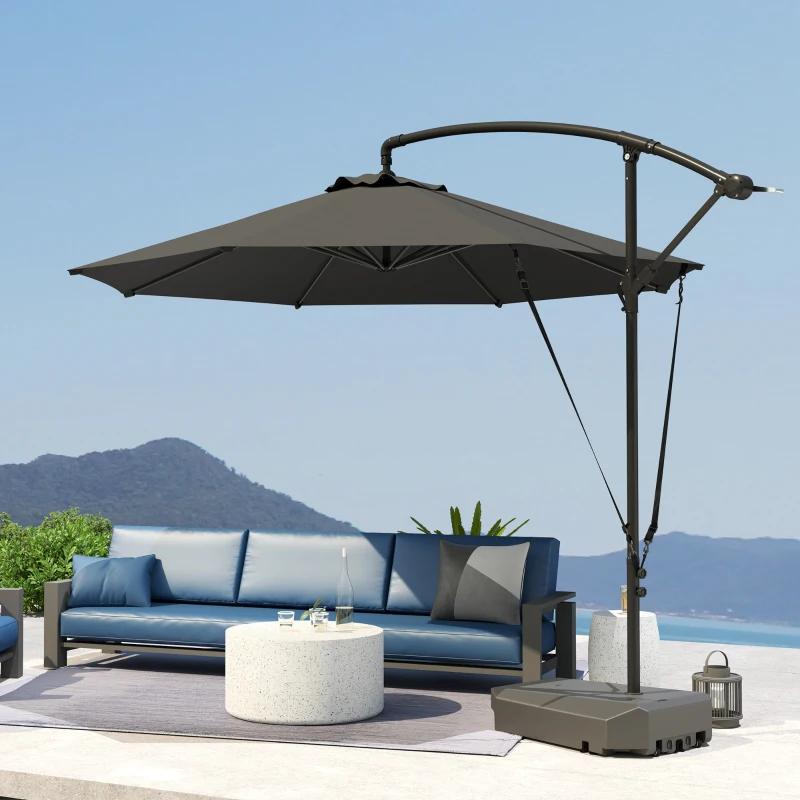 Outsunny 3(m) Garden Cantilever Parasol with Fillable Base up to 90kg, Wind Protection Strap, Cover, Round Banana Hanging Umbrella with Crank Handle and Tilt, UPF50+ Patio Umbrella, Grey