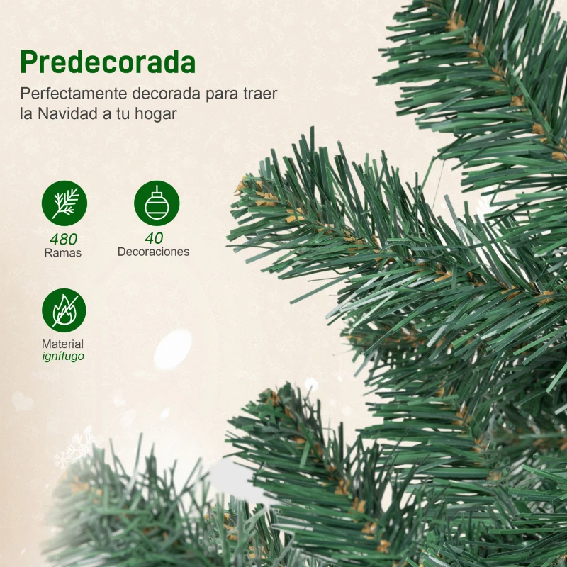 HOMCOM Árbol de Navidad 150 cm con Adornos 150 Luces LED Blanco Cálido 8 Modos de Iluminación 480 Ramas Verde