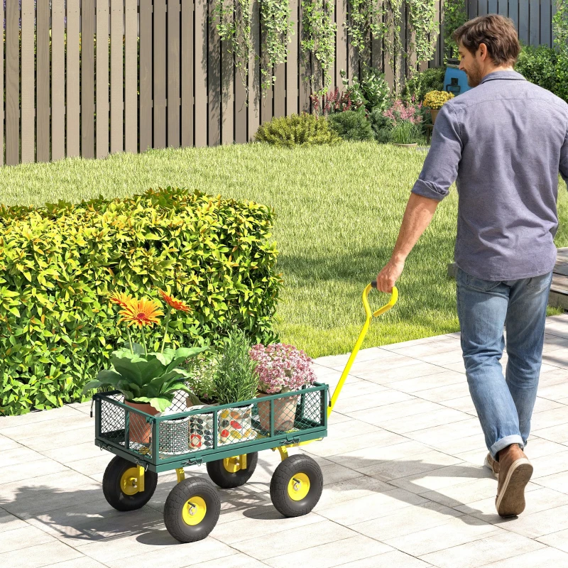 Outsunny Carrello da Giardino in Acciaio con Capacità 200 kg e Pareti Laterali Rimovibili, 104x54x51 cm, Verde e Giallo
