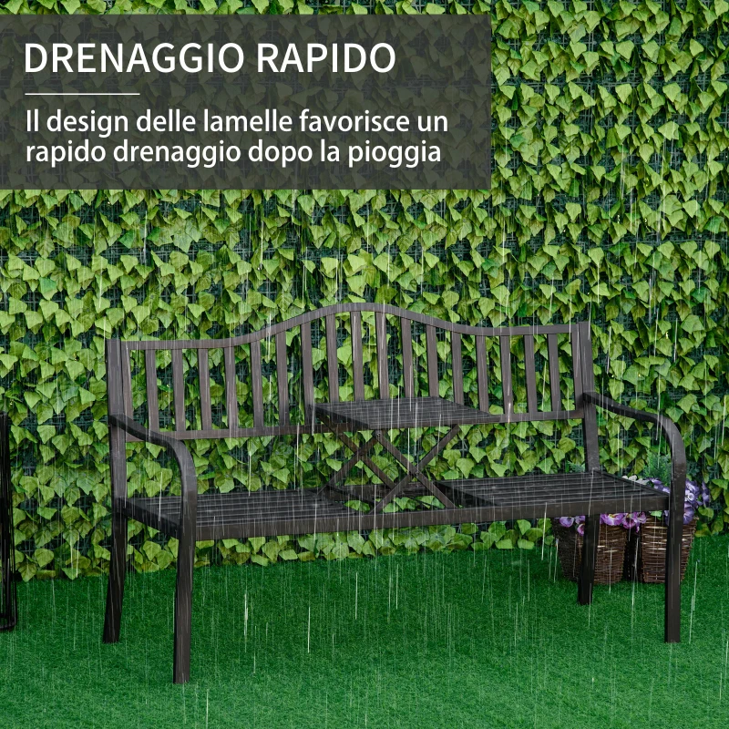 Outsunny Panchina da Giardino 3 Posti a Doghe con Tavolino Sollevabile, in Metallo, 150x58.5x90 cm, Nero