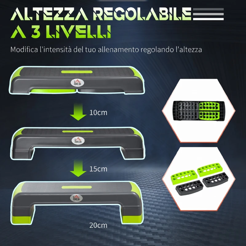 HOMCOM Step Fitness per Aerobica Antiscivolo e Regolabile su 3 Altezze, in PP, 78x28x10/15/20 cm, Verde e Grigio