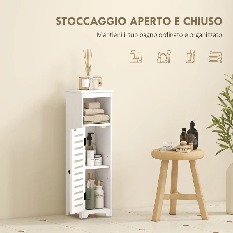 HOMCOM Mobile Bagno Slim con Porta a Lamelle, Mobiletto Bagno con Ripiani Regolabili, Vano Aperto, 22x20x75 cm, Bianco