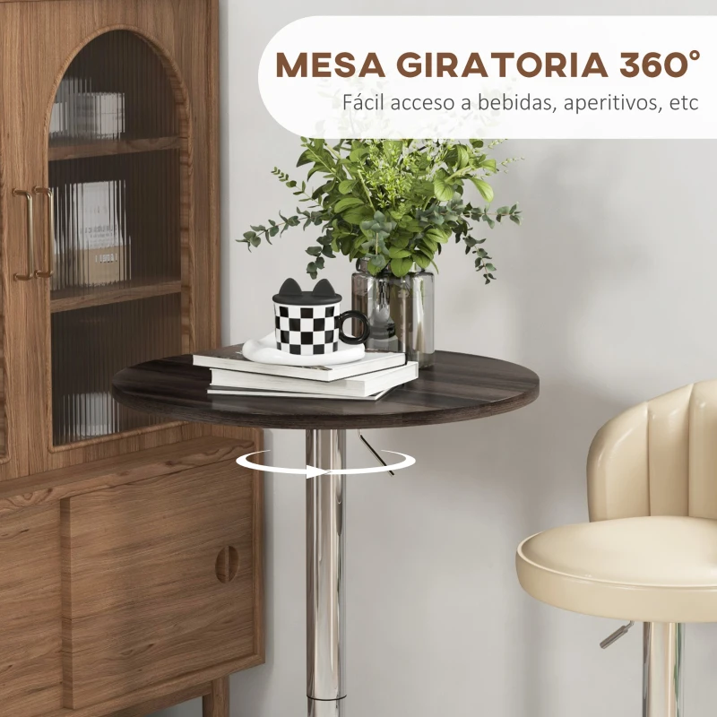 HOMCOM Mesa Alta Cocina Mesa Alta Bar Redonda para 2 Personas Altura Ajustable Tablero Giratorio 360° 60x60x91 cm Nogal