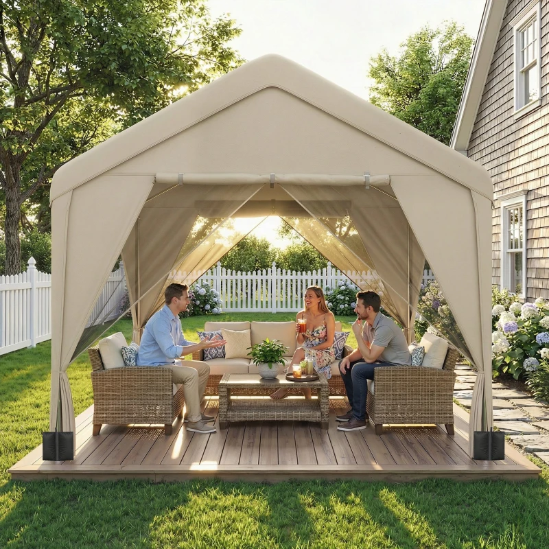 Outsunny 3 x 3 m Patio Gazebo with Netting & Curtains, Outdoor Canopy Shelter with Galvanised Steel Frame, Khaki