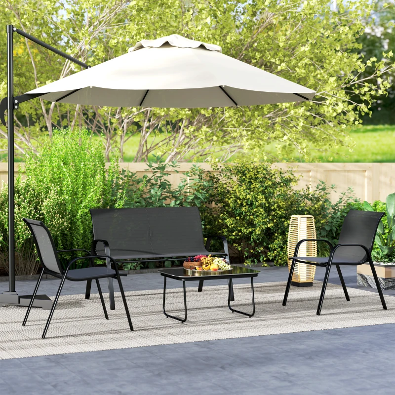 Outsunny Set da Giardino con Divano 2 Posti, 2 Poltrone Impilabili e Tavolino in Vetro, Nero