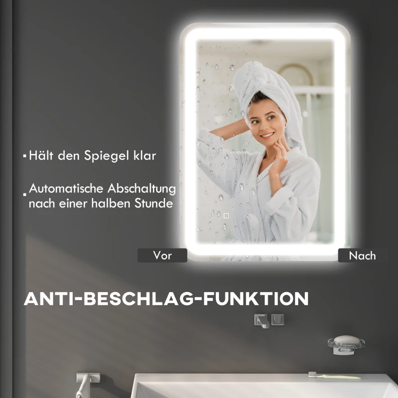 HOMCOM Badezimmerspiegel, beleuchtet, Touch-Steuerung, beschlagfrei, dimmbar, 3 Lichtfarben, 50x70, Silber