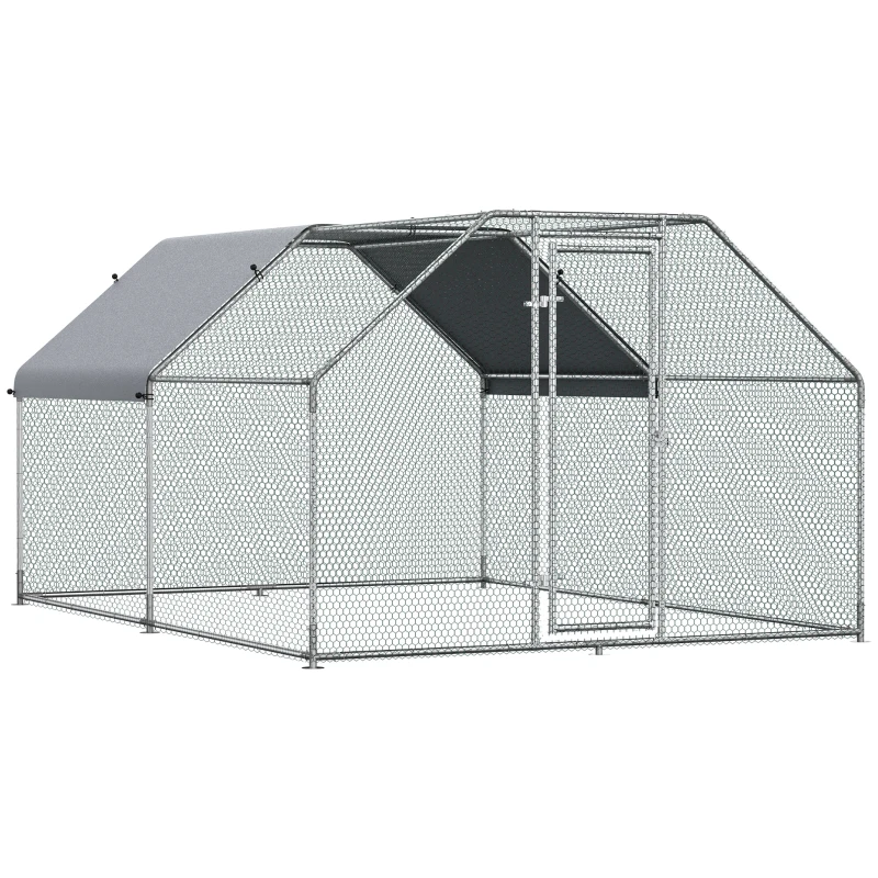 PawHut Gallinero de Exterior 2,8x3,8x1,95 m Gallinero Grande Cubierta de Tela Oxford y Corral de Metal Galvanizado Plata