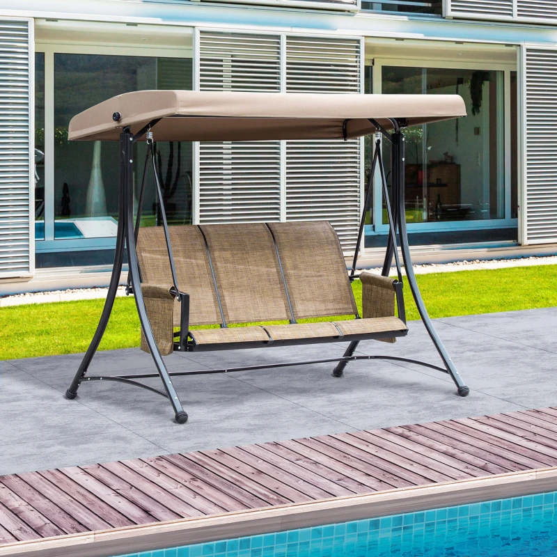 Outsunny 3-Sitzer Hollywoodschaukel, Gartenschaukel mit Sonnendach, Schaukelbank mit Ablage, Aluminium, 196 x 128 x 172 cm, Braun(m-10)