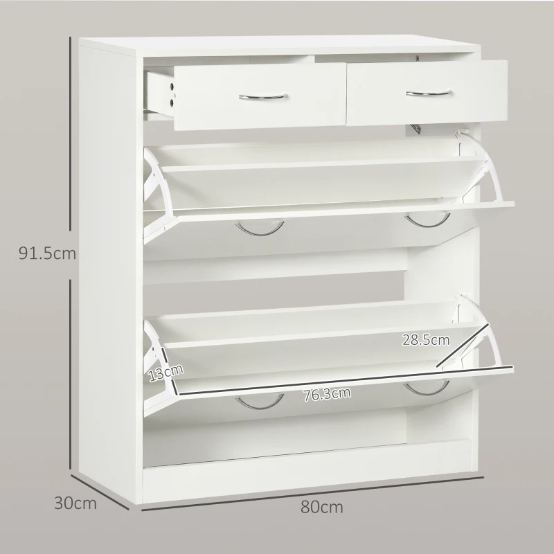 HOMCOM Etajeră pentru Pantofi, 12 Perechi, cu 2 Rafturi Interioare Reglabile și 2 Sertare, din Lemn, 80x30x91,5 cm, Alb
