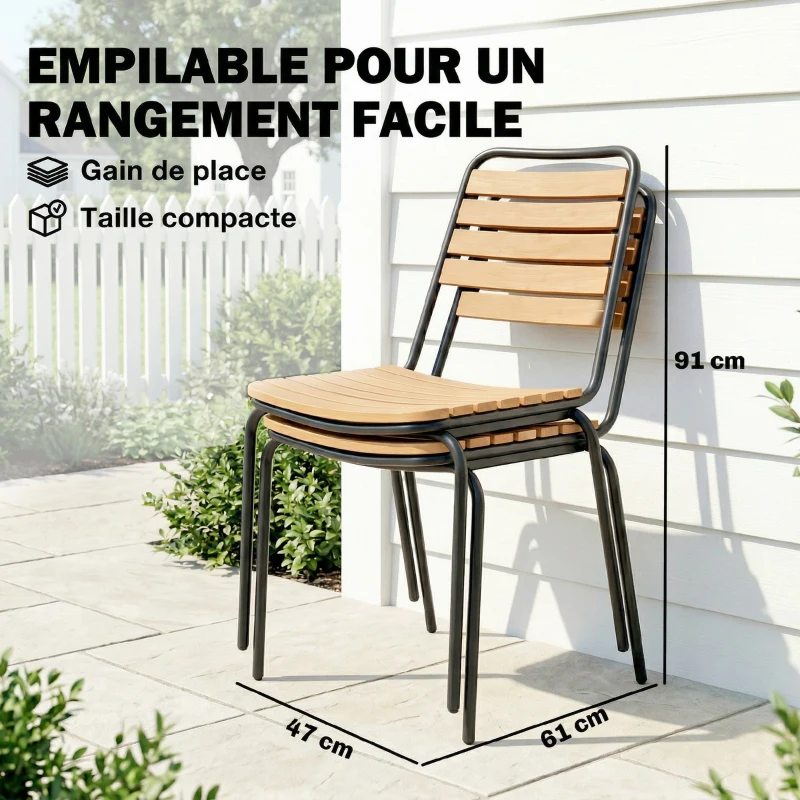 Outsunny Lot de 2 Chaises de Jardin Empilables, Assise et Dossier en Bois Massif à Lattes, Cadre en Acier, 61x47x81cm, Naturel