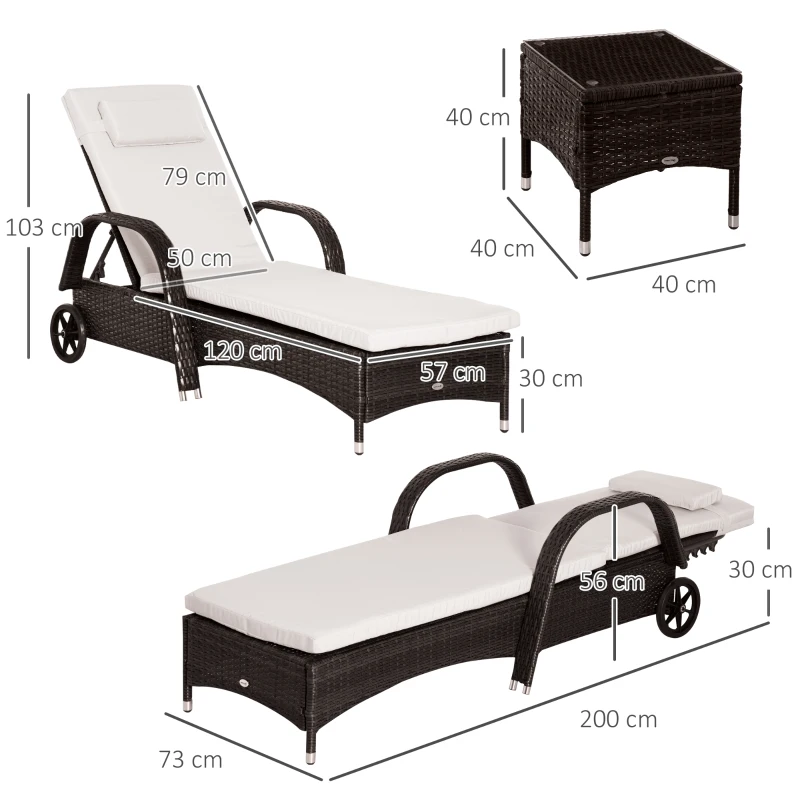 Outsunny Rattan Sun Loungers Set of 2 with Side Table, 3-Piece Garden Furniture Set, Adjustable Recliner Sunlounger Sunbed with Cushions & Headrest, Wheels, Outdoor Patio Daybed, Brown