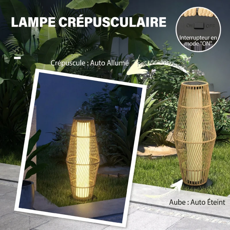 Outsunny Lanterne Solaire Extérieure en Résine Tressée avec Capteur de Lumière, pour Jardin Patio, 26x26x68cm, Sable