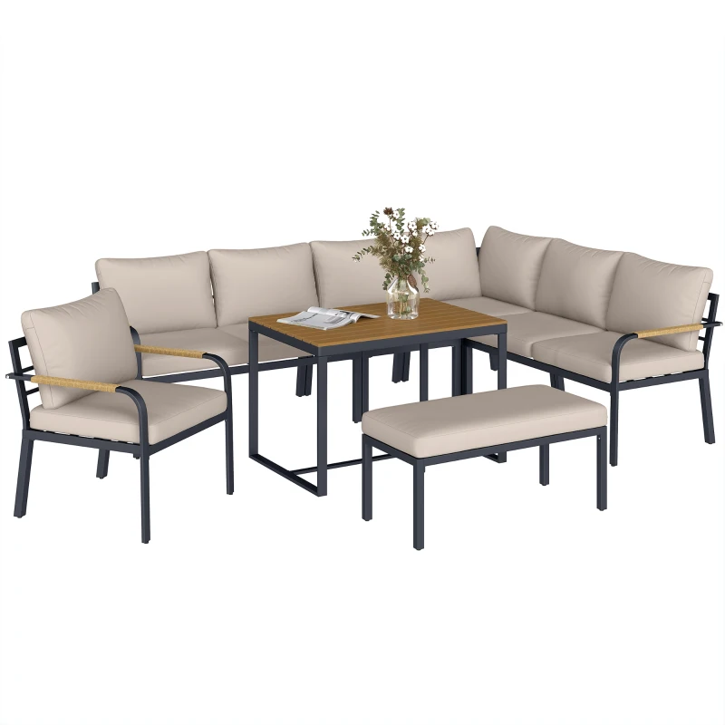 Outsunny Salon de Jardin 7 Pièces Ensemble Canapé d'Angle Extérieur Modulable avec Table en WPC et Pouf Beige et Gris