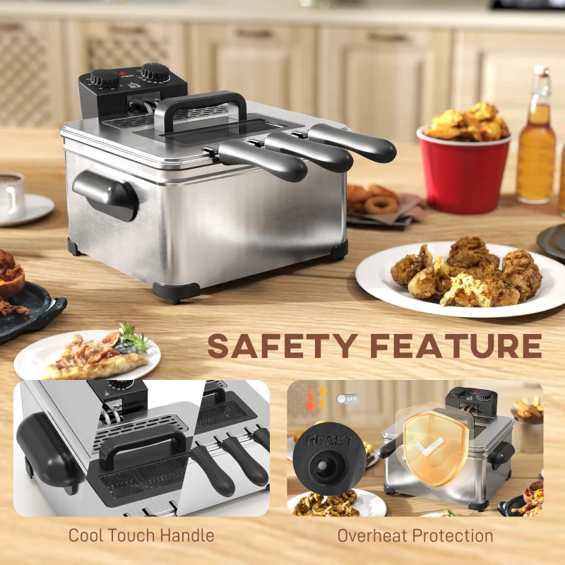 HOMCOM 5 Litre Deep Fat Fryer Stainless Steel with Adjustable Temperature, 60min Timer, Removable Oil Basket, Viewing Window and Safety Cut Out, 2000W