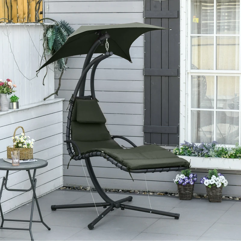 Outsunny Bain de Soleil transat Suspendu Chaise Suspendu Extérieur avec Pare-Soleil et Matelas Design Contemporain 190L x 110l x 190H cm Acier Polyester Gris foncé Noir