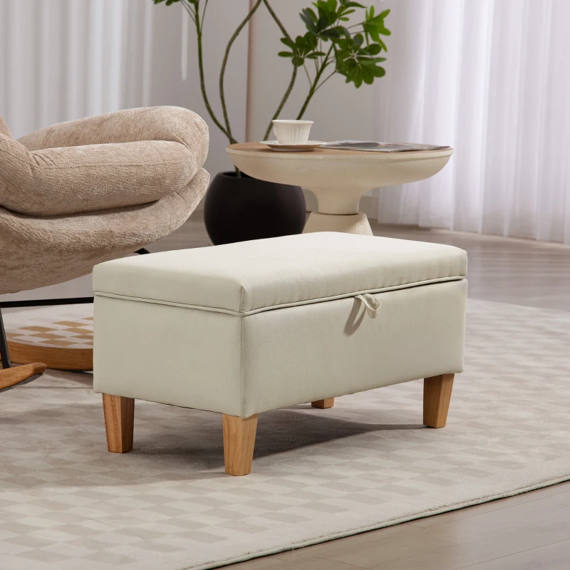 HOMCOM 30L Linen Storage Ottoman Padded Footstool with Rubberwood Legs for Storage Box, Bed End, Shoe Bench, Seating, Beige