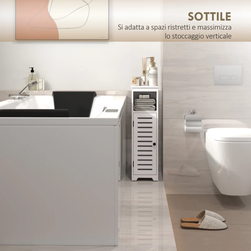 HOMCOM Mobile Bagno Slim con Porta a Lamelle, Mobiletto Bagno con Ripiani Regolabili, Vano Aperto, 22x20x75 cm, Bianco