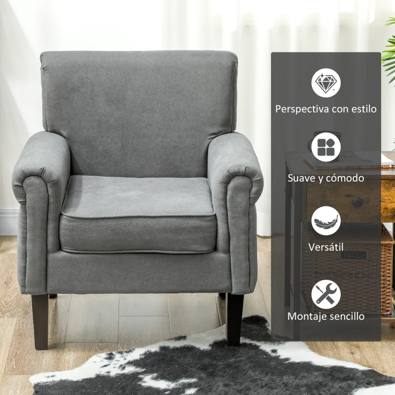HOMCOM Butaca de Salón Tapizada en Tela Sillón Relax con Reposabrazos Asiento Extraíble para Dormitorio 79x72,5x88 cm Gris