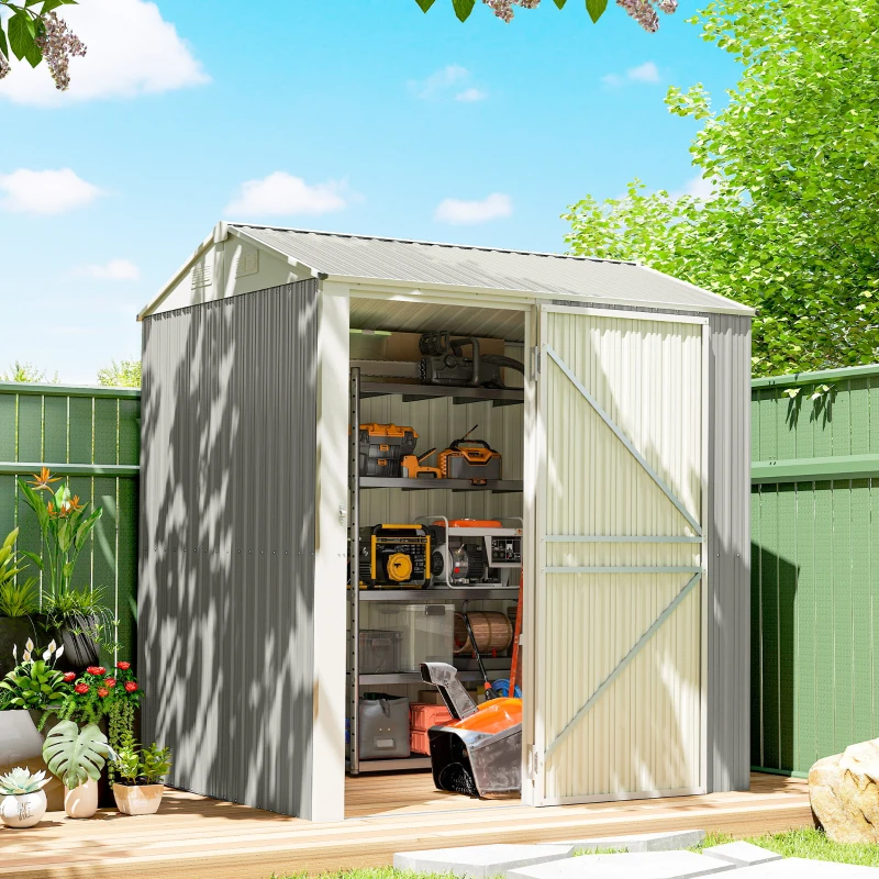 Outsunny Casetta da Giardino Alta in Acciaio da 3.51m² con Prese d'Aria e Porta Bloccabile, 209x177x236 cm, Argento