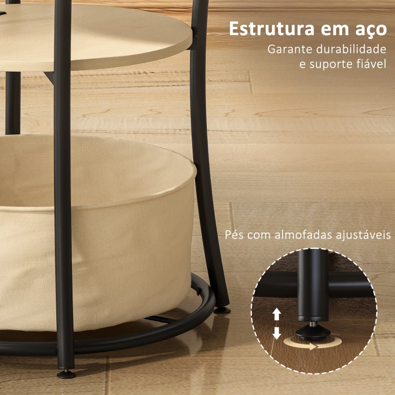 HOMCOM Mesa Auxiliar Redonda de 3 Níveis com Estação de Carregamento Mesa Auxiliar Industrial com 2 Prateleiras Abertas Ø50x55,1 cm Madeira e Preto