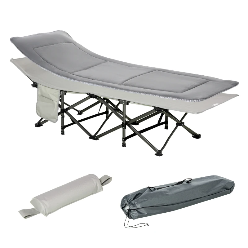 Outsunny Lit de camp pliable transat avec matelas, appui-tête, pochette latérale et sac intégré, en métal et tissu Oxford, gris