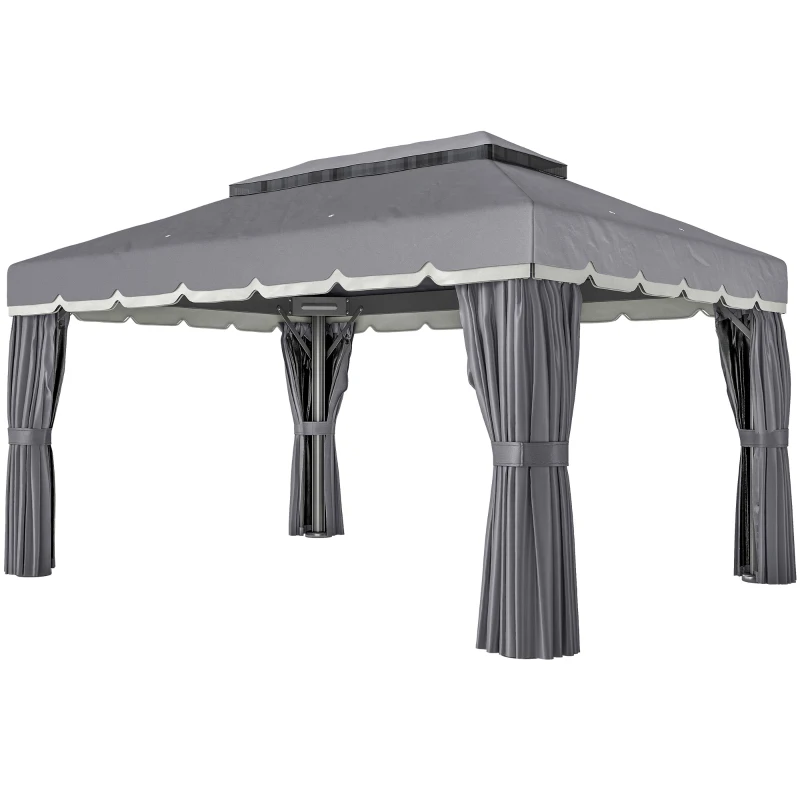 Outsunny Cenador de Jardín 4x3m Pabellón de Jardín Gazebo con Doble Techo 4 Cortinas y Mosquitera Marco de Aluminio UPF50+ Gris