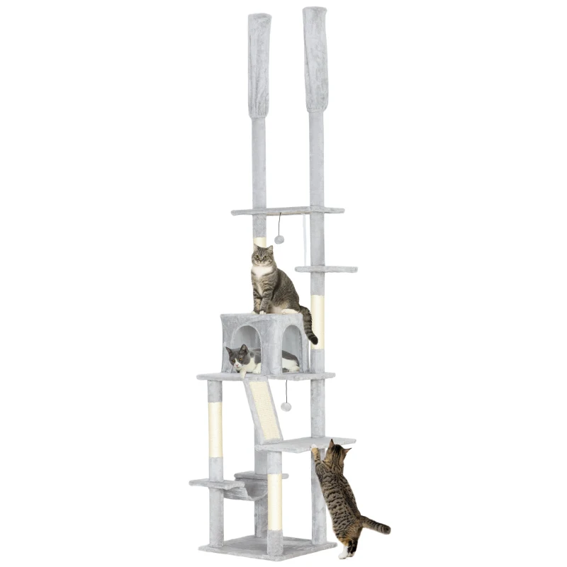 PawHut Arbre à chat du sol au plafond griffoir pour chat hauteur réglable 225-255 cm 6 niveaux avec niche hamac gris clair