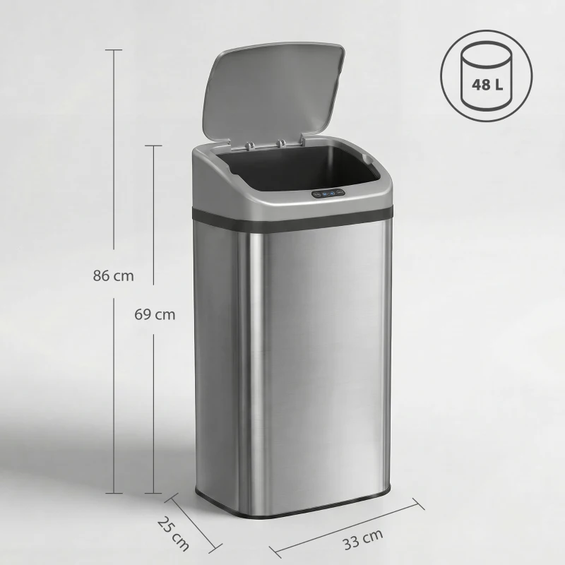 HOMCOM Cubo de Basura Cocina Automático 48 L Sensor Infrarrojo Cierre Automático Antihuellas Acero Inoxidable Plata