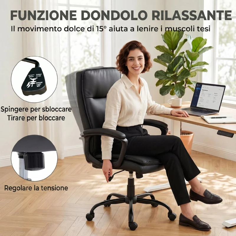 HOMCOM Sedia Ufficio Girevole in Pelle PU, Funzione Dondolo, Schienale Alto, Altezza Regolabile, Capacità 120kg, Nero