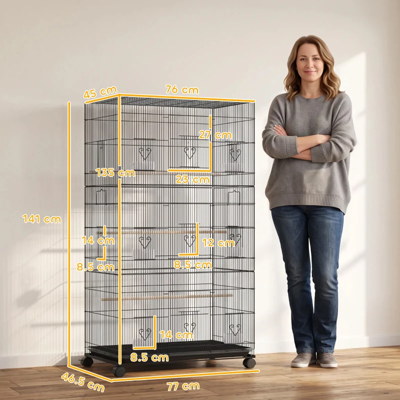 PawHut Colivie Mare pentru Păsări cu Roți 6 Hrănitoare Tavă Detașabilă Uși Multiple 3 Bârne 77x46,5x141 cm Negru