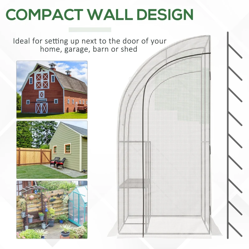 Outsunny Walk-In Lean to Wall Greenhouse with Windows and Doors, Outdoor Green House with 3 Tiers 4 Wired Shelves, 200L x 100W x 215Hcm, White