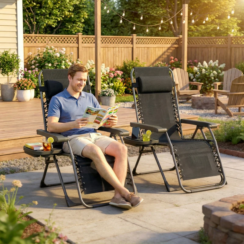 Outsunny Zero Gravity Chairs Set of 2, Folding Sunloungers Reclining Garden Chairs with Cup Holder, Headrest, Black
