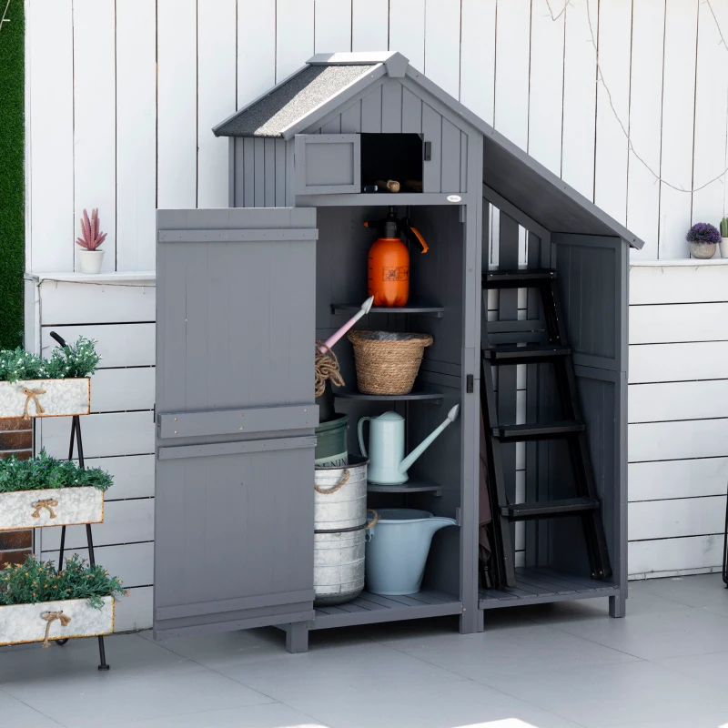 Outsunny Gartenschrank, offenes Brennholzfach, verriegelbare Tür, wetterfest, Naturholz, 129 x 51,5 x 180cm, grau+schwarz