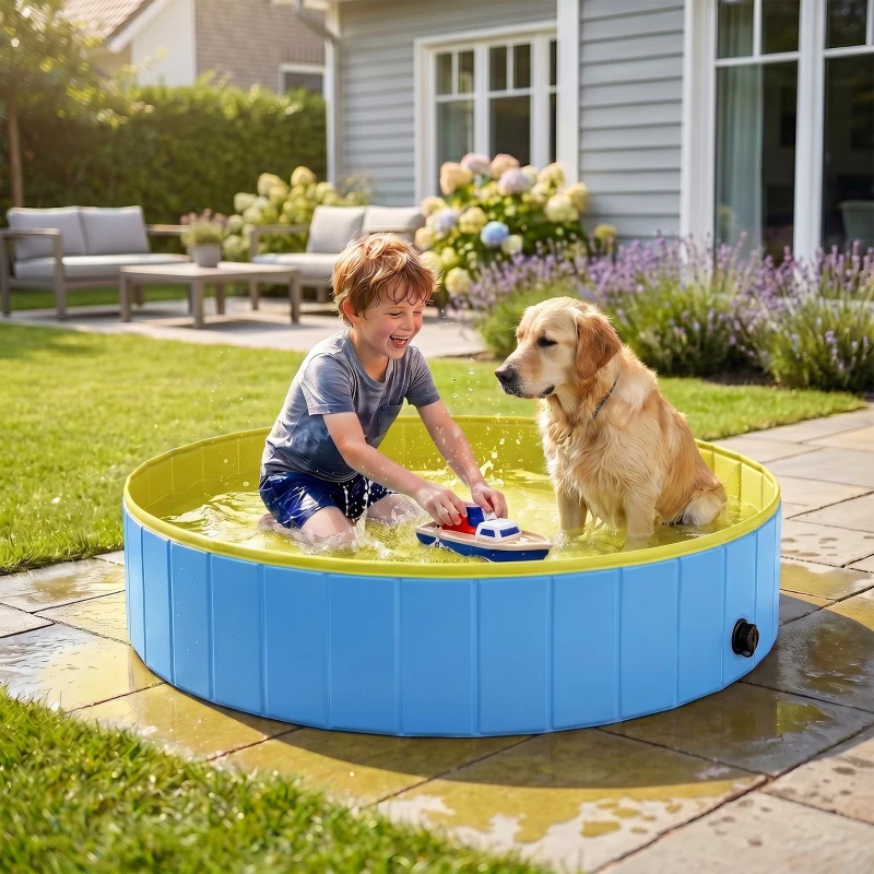 PawHut Foldable Dog Pool for Puppies and Ducks Dog Paddling Pool Bath Tub, Blue, 140 x 30cm
