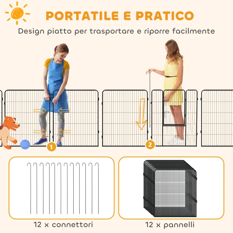 PawHut Recinto per Cani a 12 Pannelli Modulabili da 80x100 cm, Pieghevole con Porta in Acciaio e 12 Picchetti, Grigio