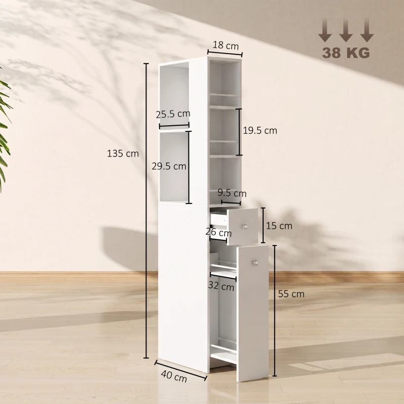 HOMCOM Dulap de Baie Înalt și Îngust cu 2 Sertare, 135 cm, Alb