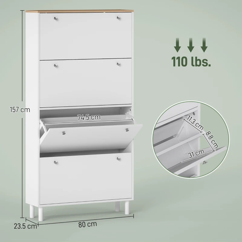 HOMCOM Dulap pentru Pantofi 32 Perechi cu 4 Sertare Rabatabile, Rafturi Reglabile, Modern, 80 x 23,5 x 157 cm, Alb