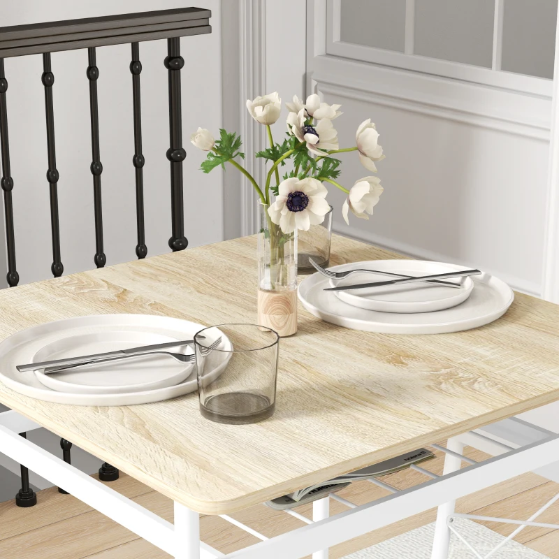 HOMCOM Conjunto de Refeição de 3 Peças Conjunto 1 Mesa 70x70x75 cm e 2 Cadeiras 40x50x80 cm com Prateleira de Armazenamento Branco e Madeira