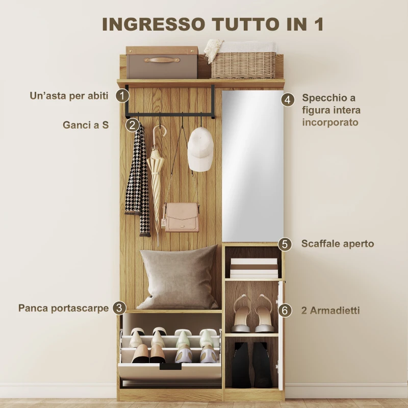 HOMCOM Appendiabiti da Ingresso con Asta, 4 Ganci, Panca con Scarpiera e Armadietto, Rovere e Bianco