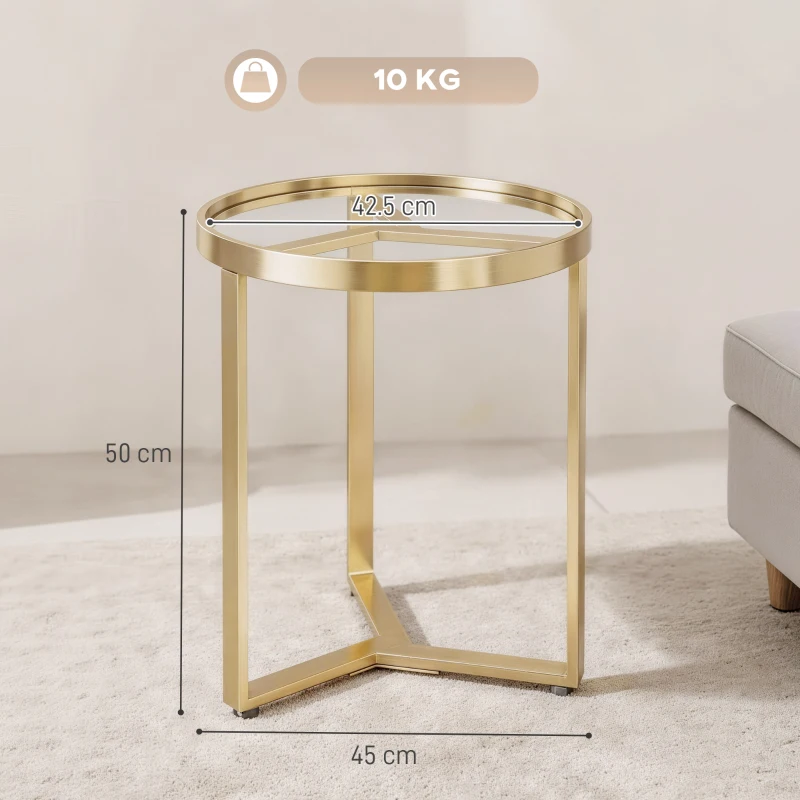 HOMCOM Round Side Table with Tempered Glass Top and Geometric Metal Frame for Small Space, Gold Tone