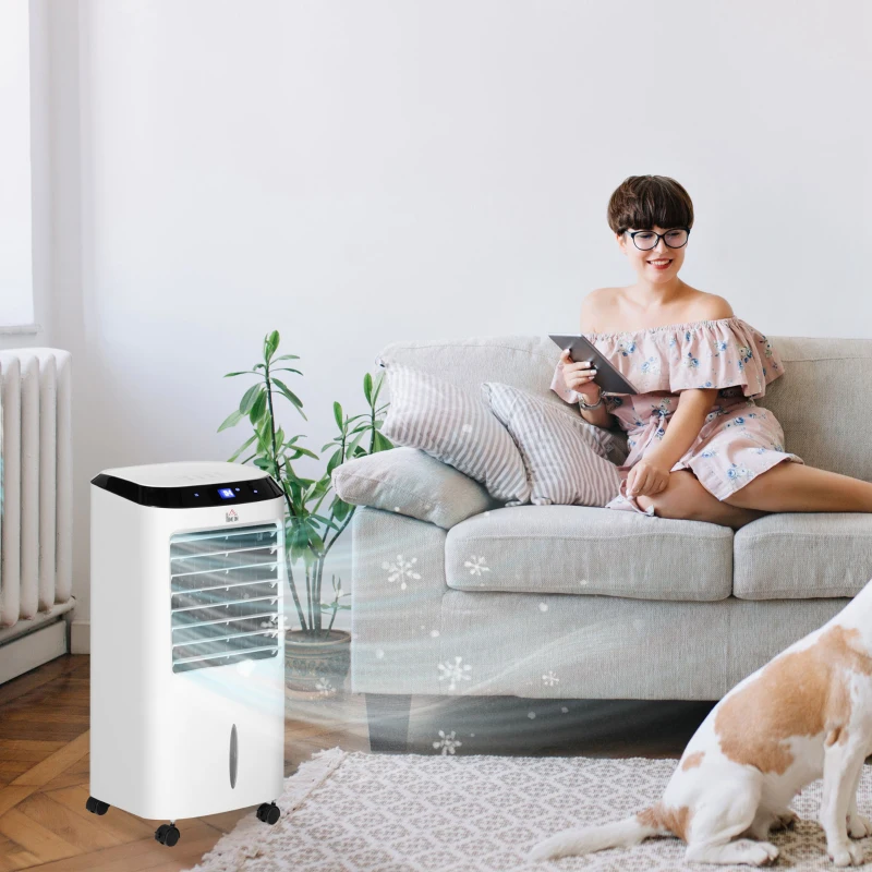 HOMCOM Mobiler Luftkühler, 3 in 1 Verdunstungskühler, Luftbefeuchter, Ventilator, 10 L Luftkühler mit Fernbedienung, LED-Touchpanel, 3 Geschwindigkeiten, Timer, Oszillation, Weiß